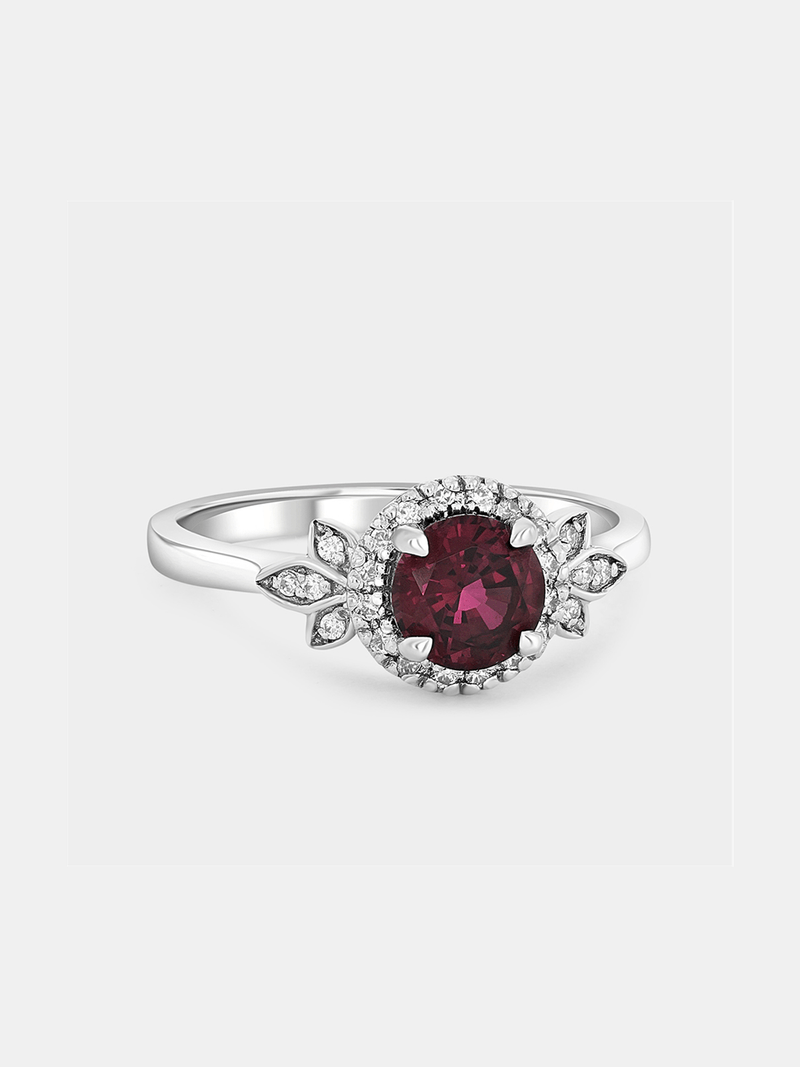 White Gold Lab Grown Ruby & Moissanite Women’s Round Ring