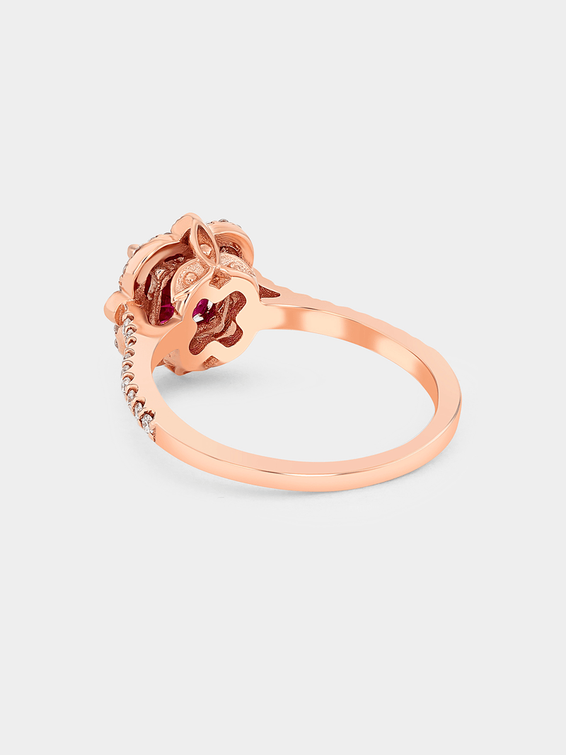 Rose Gold Lab Grown Ruby & Moissanite Women’s Cushion Halo Ring