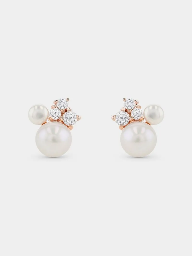 Rose Gold Plated Sterling Silver Shell Pearl & Cubic Zirconia Stud Earrings