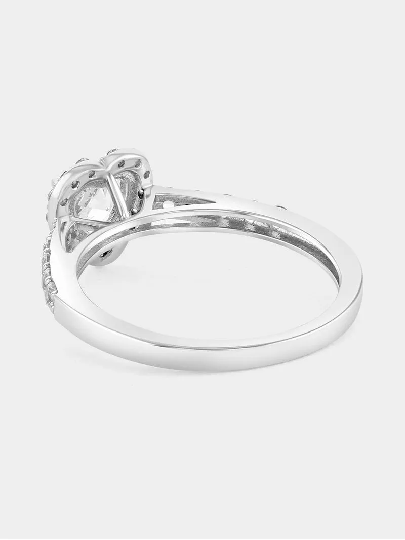 Sterling Silver Diamond & Created Sapphire Heart Halo Ring
