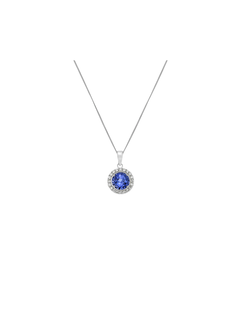 9ct White Gold 1ct Tanzanite & Diamond Round Halo Pendant