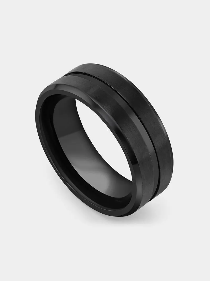 Brushed Stainless Steel Black-Toned Groove Detail Men’s Ring