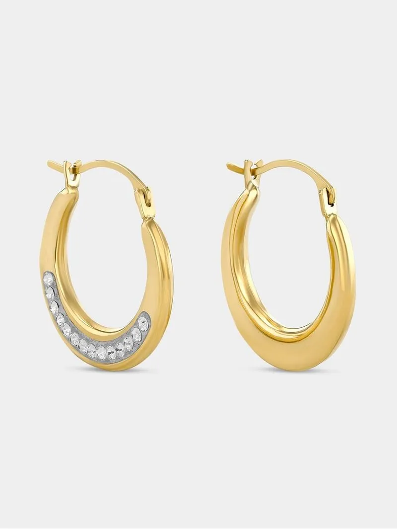 Yellow Gold & Sterling Silver Crystal Round Creole Hoop Earrings