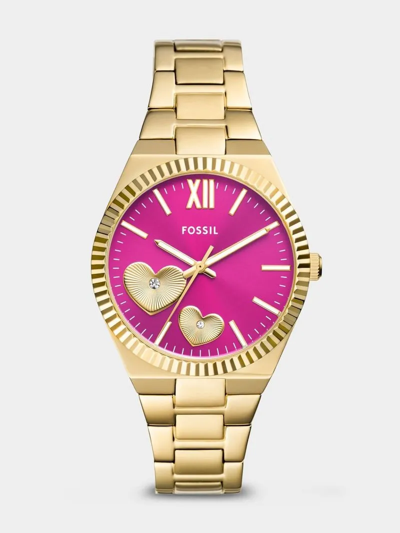 Fossil Scarlette Magenta Dial Gold Plated Bracelet Watch