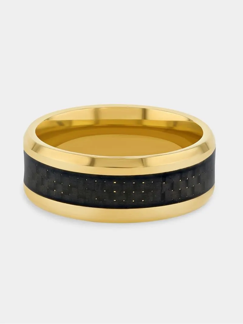 Stainless Steel 2-Tone Gold Plated Black Carbon Forged Ring