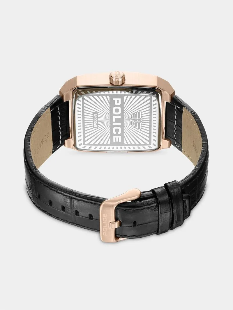 Police Omaio Rose Plated Stainless Steel Black Leather Watch