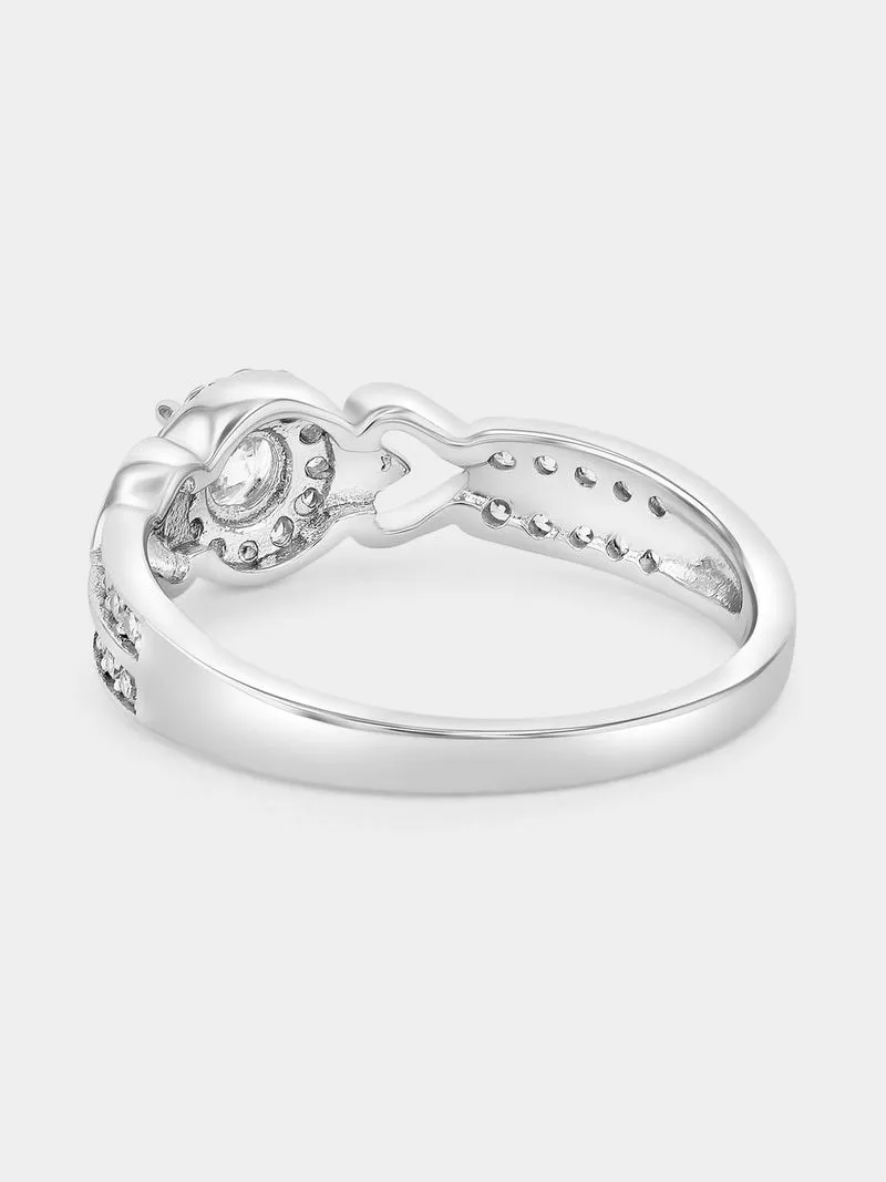 Sterling Silver Cubic Zirconia Round Halo Hearts Ring