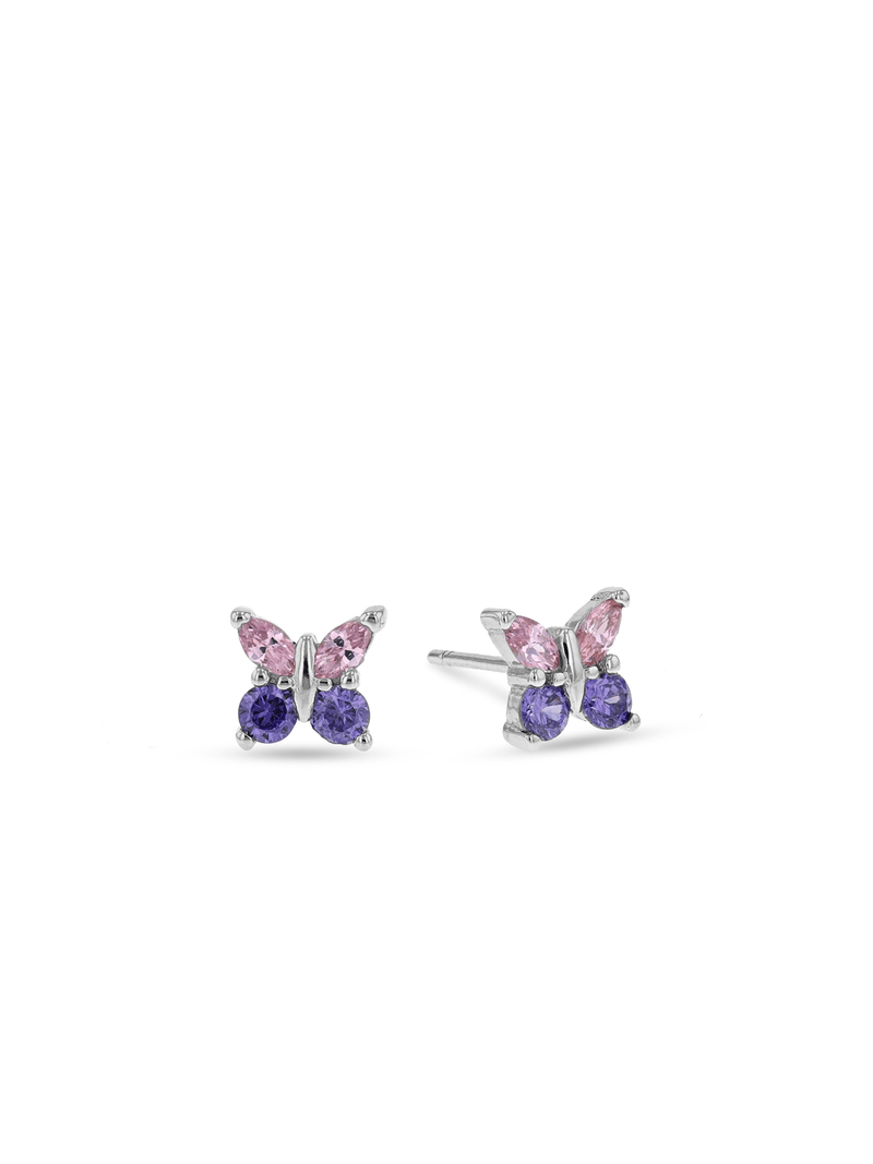 Miss Swiss Sterling Silver Purple & Pink Cubic Zirconia Butterfly Stud Earrings