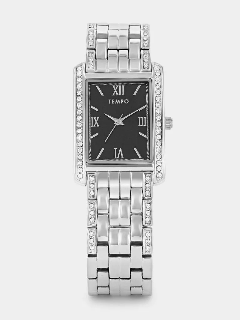 Tempo Timepiece Collection Silver Plated Black Dial Rectangle Bracelet Watch