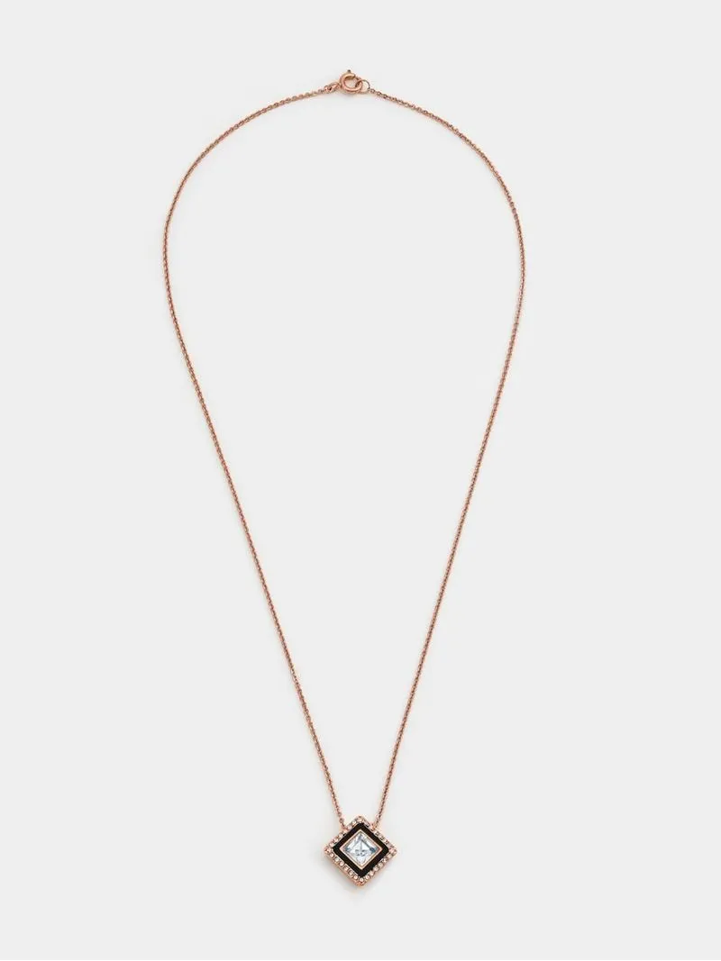Cheté Rose Plated Sterling Silver Cubic Zirconia Black Enamel Women’s Rhombus Pendant