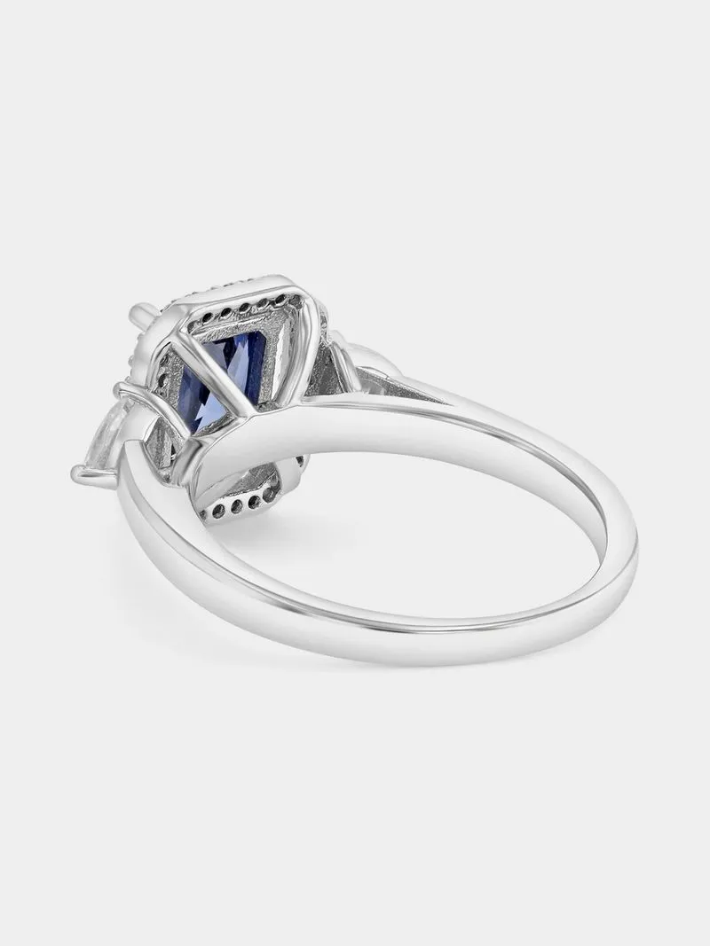 Sterling Silver Tanzanite Blue Cubic Zirconia Emerald Halo Ring