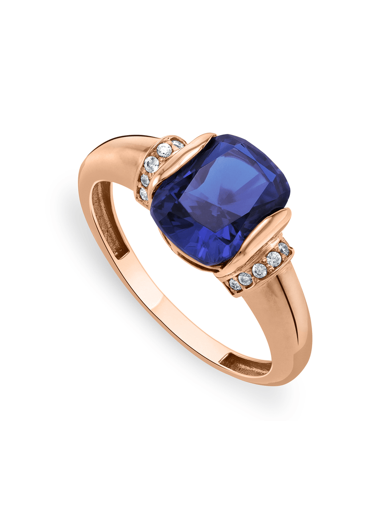 Rose Gold, Blue & Clear Cubic Zirconia Women’s Cushion Ring