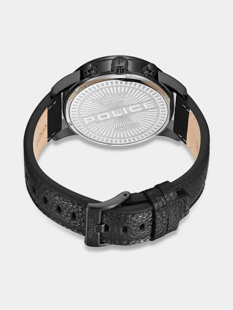 Police Lanshu Gunmetal Plated Blue & Black Dial Black Leather Watch