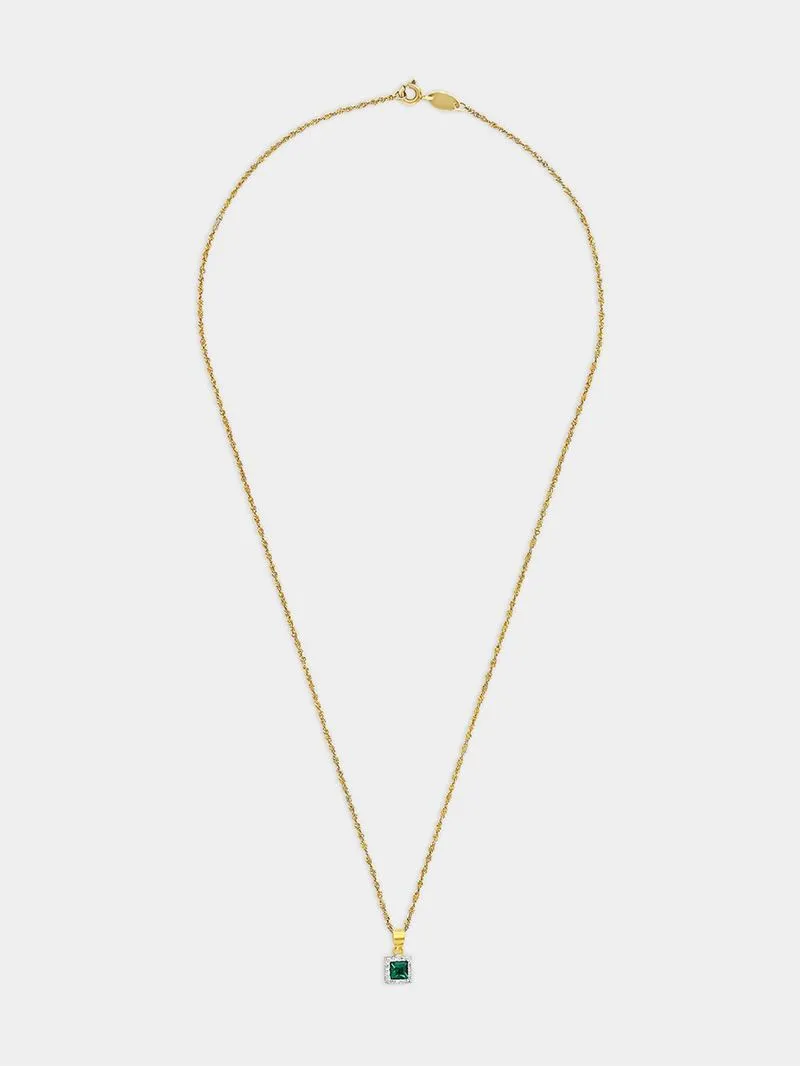 Yellow Gold & Sterling Silver Green Cubic Zirconia Square Halo Pendant on chain.