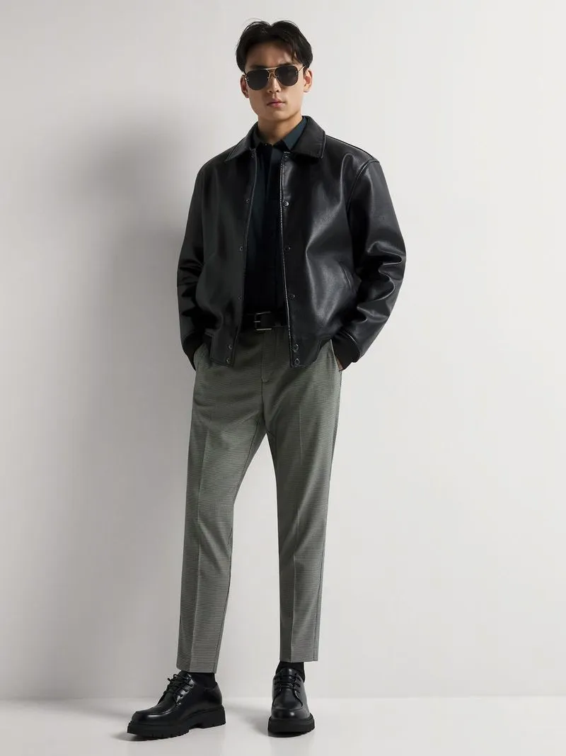 Me's Markham Smart Slim Tapered Houndstooth Check Green/Navy Trouser
