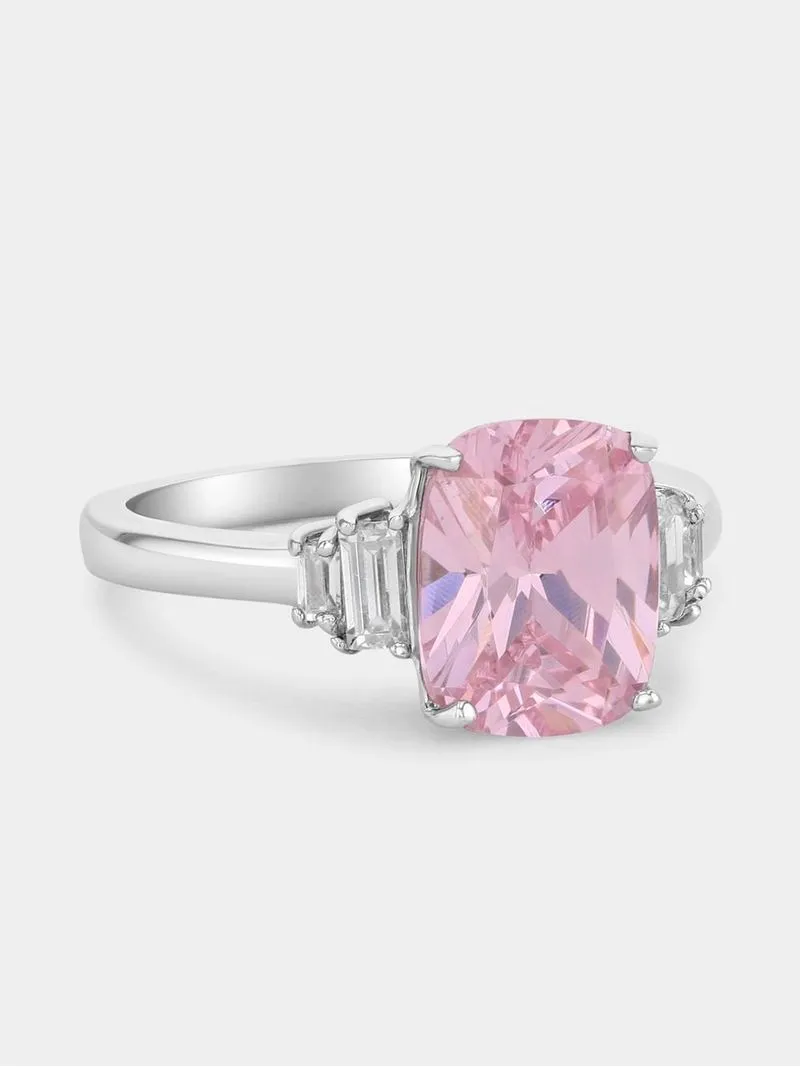 Sterling Silver Pink Cubic Zirconia Cushion Baguette Cocktail Ring