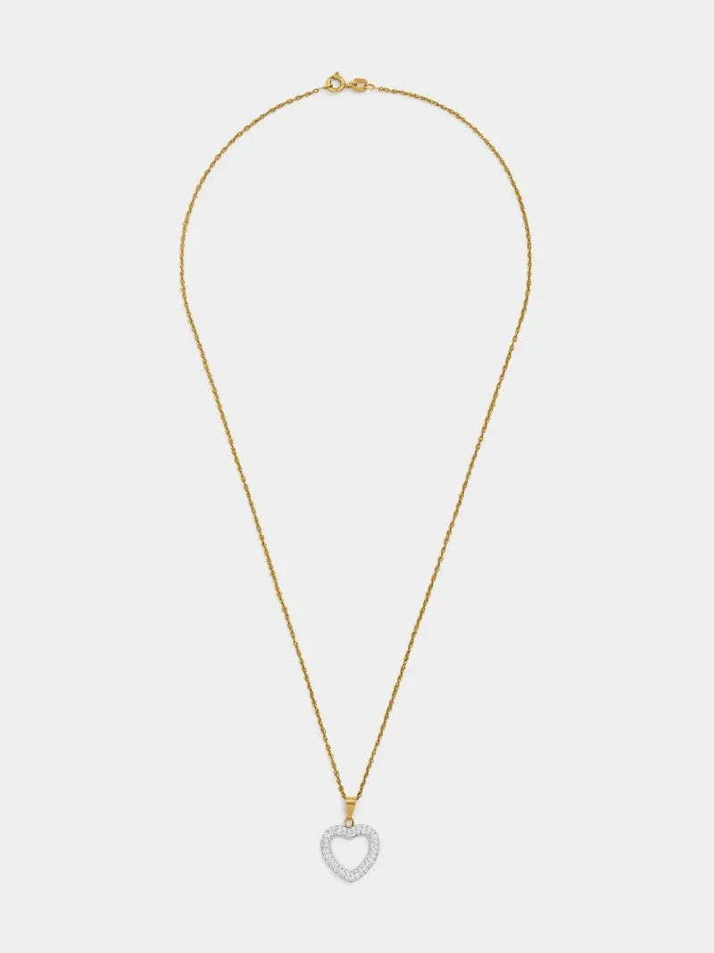 Yellow Gold & Sterling Silver, Open Heart Crystal Pendant on a chain.