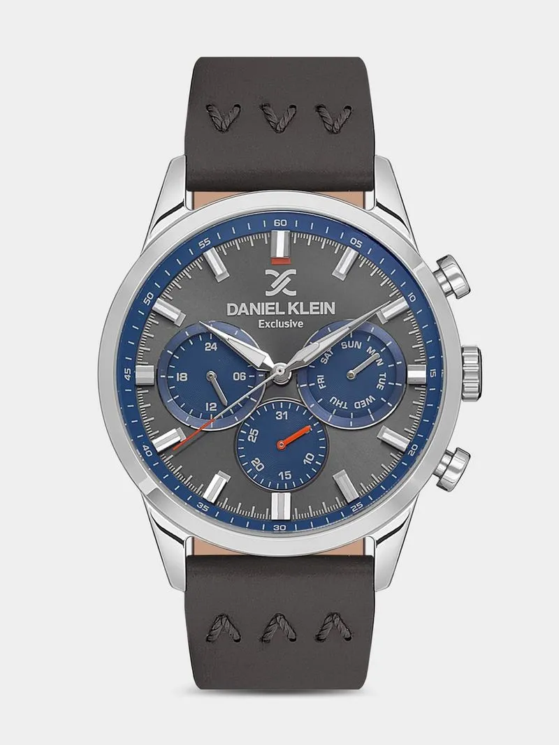 Daniel Klein Silver Plated Grey & Blue Dial Grey Leather Chronograph Watch