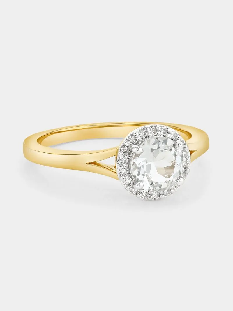 Yellow Gold Diamond & Green Amethyst Round Halo Ring