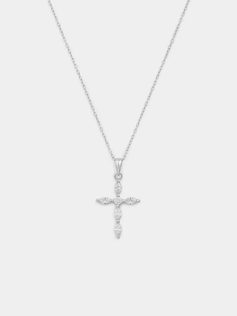 Sterling Silver Cubic Zirconia Marquise Cross Pendant