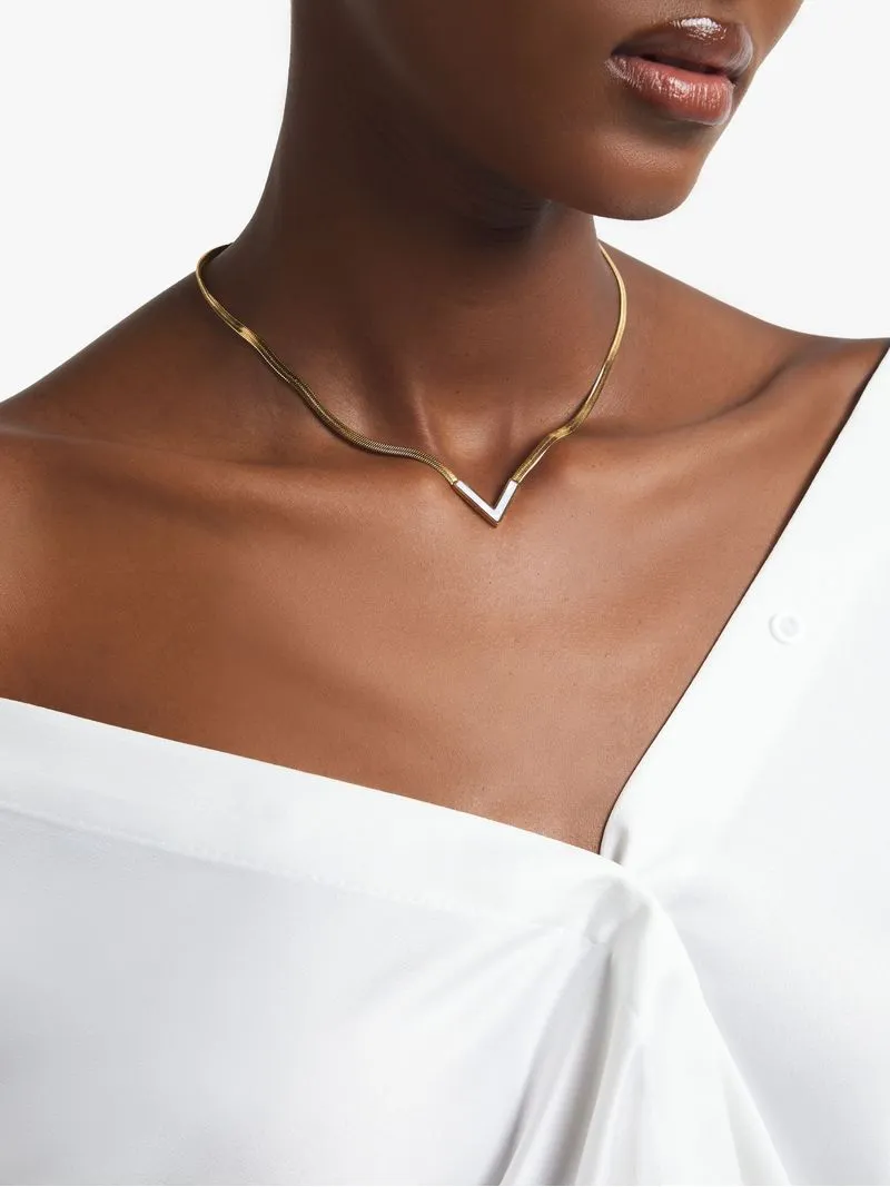 Stainless Steel 18ct Gold Plated Waterproof White V-Detail Snake Chain