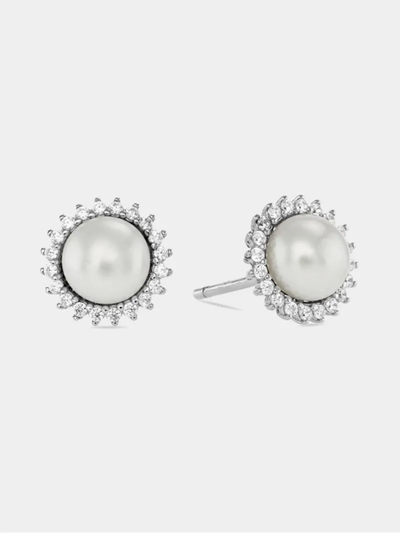Sterling Silver Freshwater Pearl & Cubic Zirconia Daisy Stud Earrings
