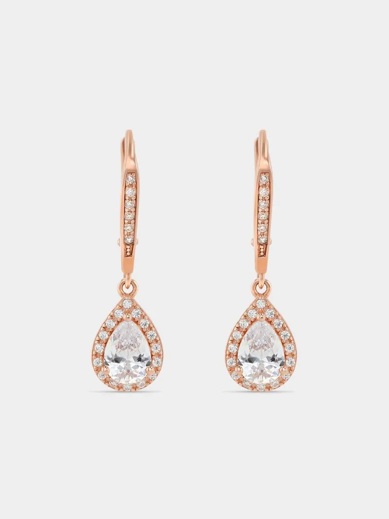 Rose Gold Plated Sterling Silver Cubic Zirconia Pear Halo Drop Earrings