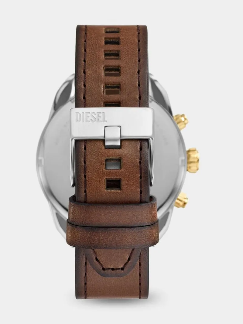 Diesel Spiked Silver & Gold Plated Stainless Steel Brown Leather Chronograph Watch