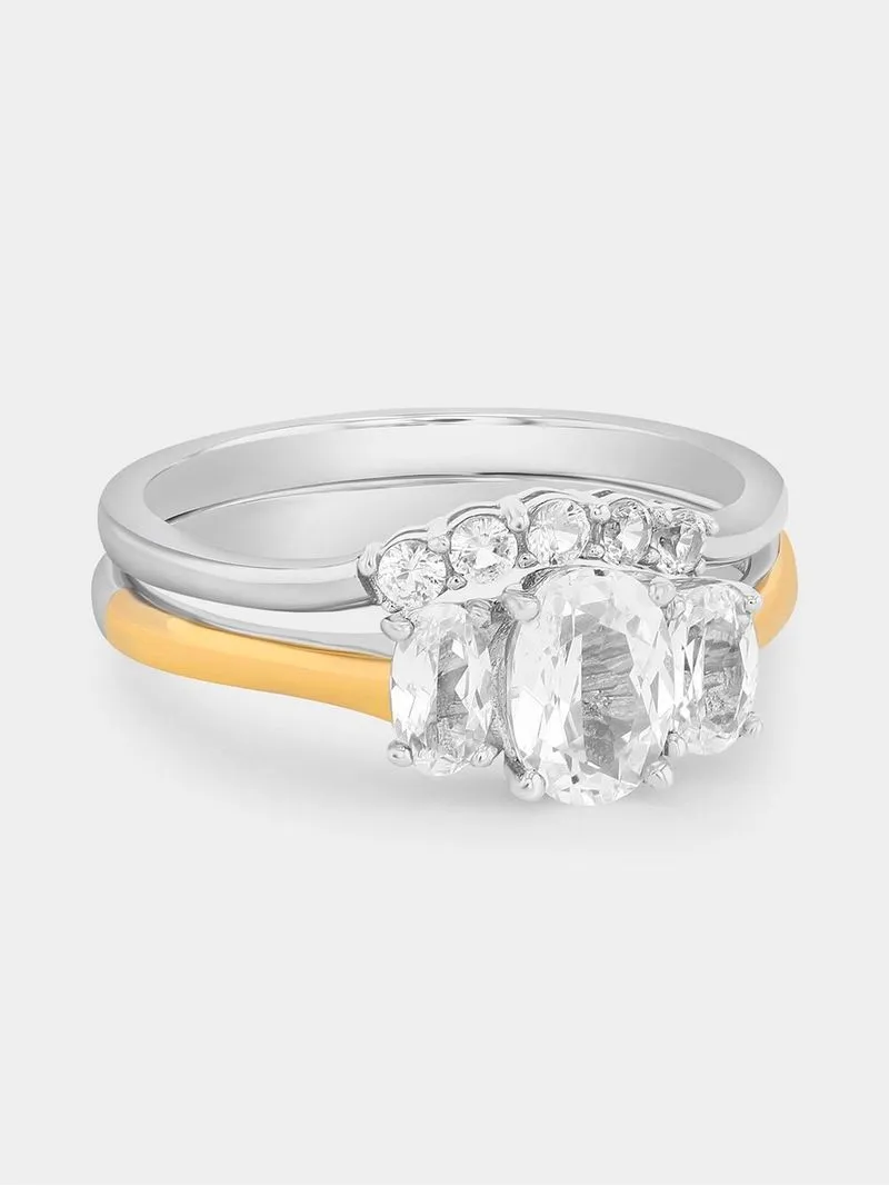 Yellow Gold & Sterling Silver Diamond & Created Sapphire Oval Trilogy Twinset Ring