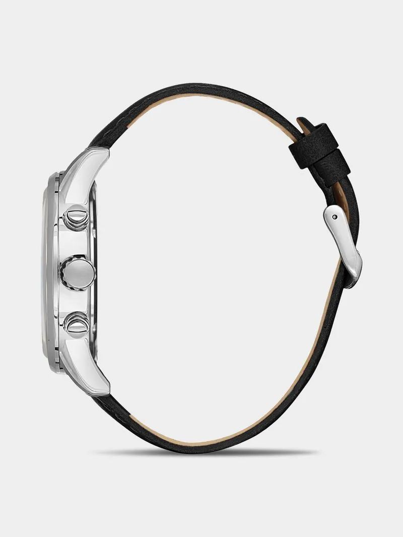 Daniel Klein Silver Plated Black Leather Chronographic Watch