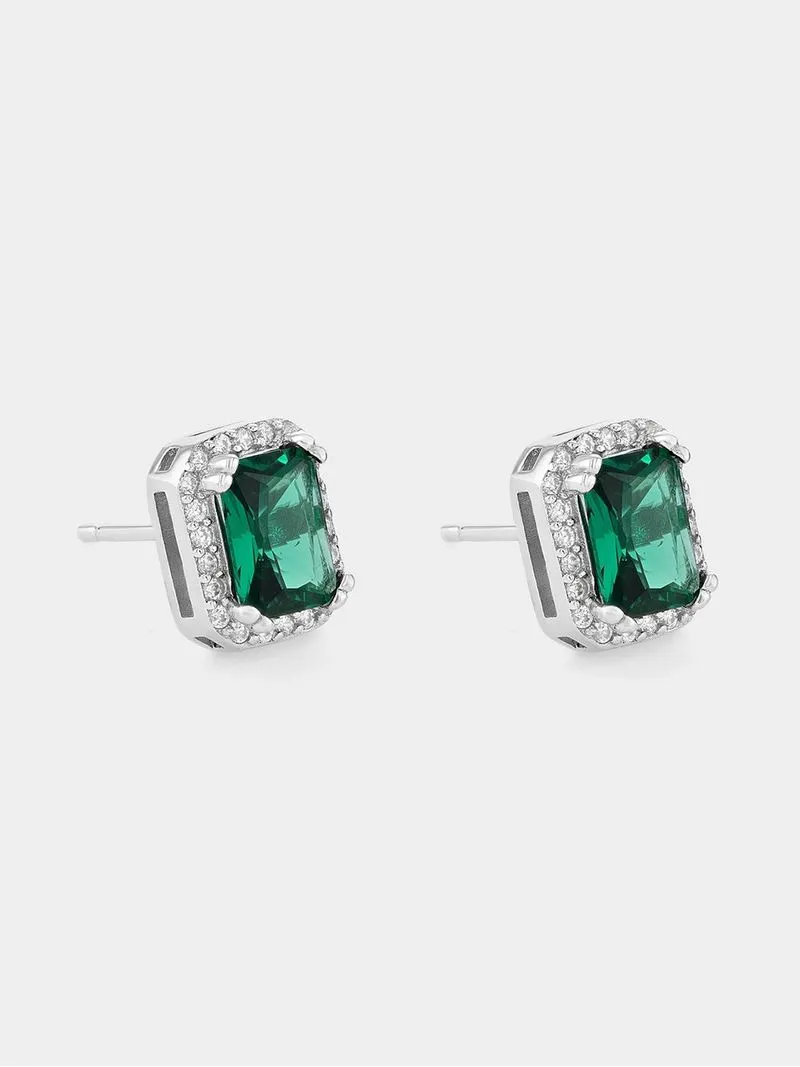 Sterling Silver Green Cubic Zirconia Emerald-Cut Halo Stud Earrings
