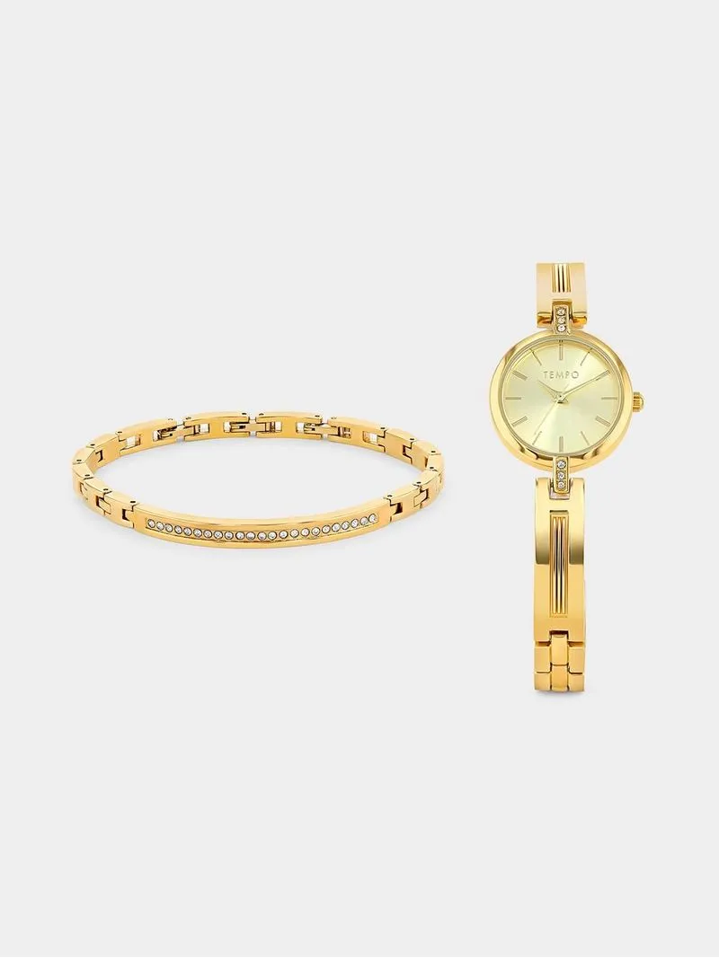 Tempo Women’s Gold Plated Round Bracelet Watch & Bracelet Set