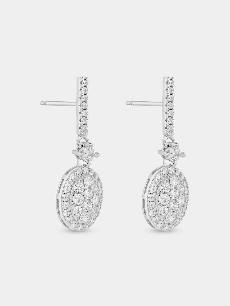 Sterling Silver Cubic Zirconia Multi-Stone Oval Halo Drop Earrings
