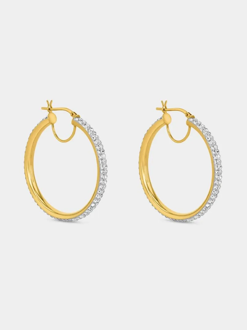 Yellow Gold & Sterling Silver Crystal Hoop Earrings