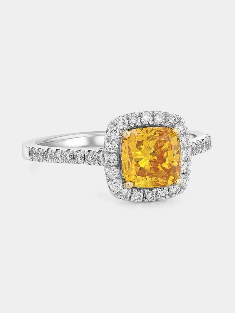 White Gold 1.51ct Yellow Lab Grown Diamond Women’s Cushion Halo Ring