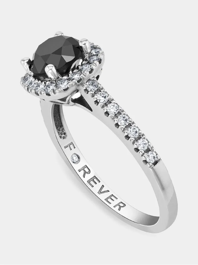 White Gold 1.47ct Black & White Diamond Cushion Halo Ring
