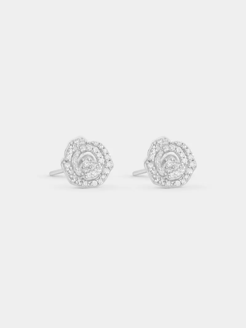 Sterling Silver Cubic Zirconia Rose Stud Earrings