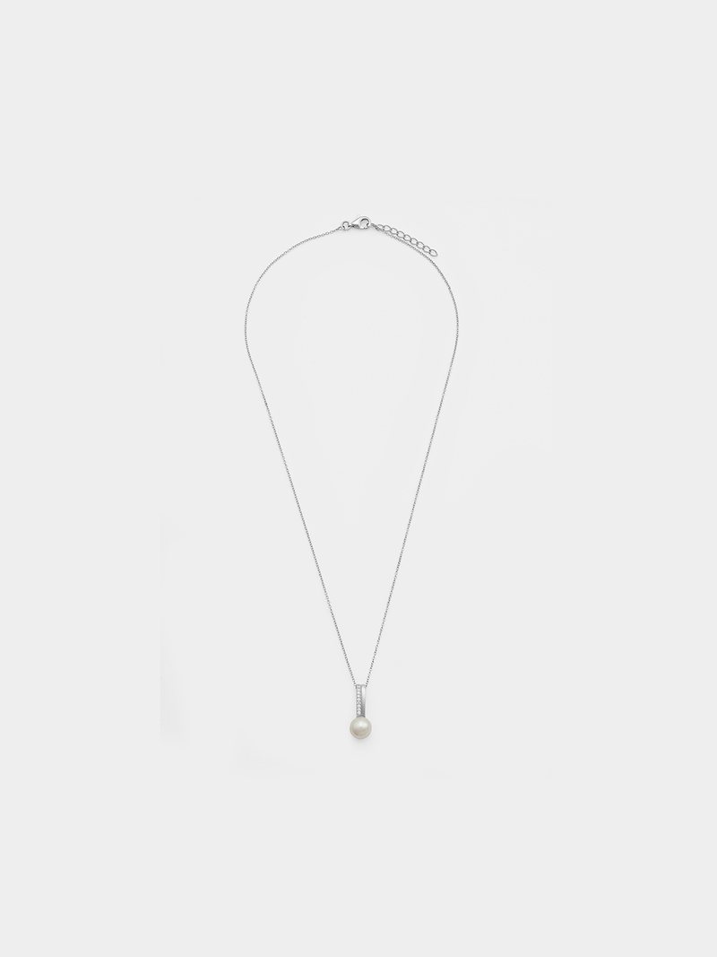 Sterling Silver Freshwater Pearl & Cubic Zirconia Bar Pendant