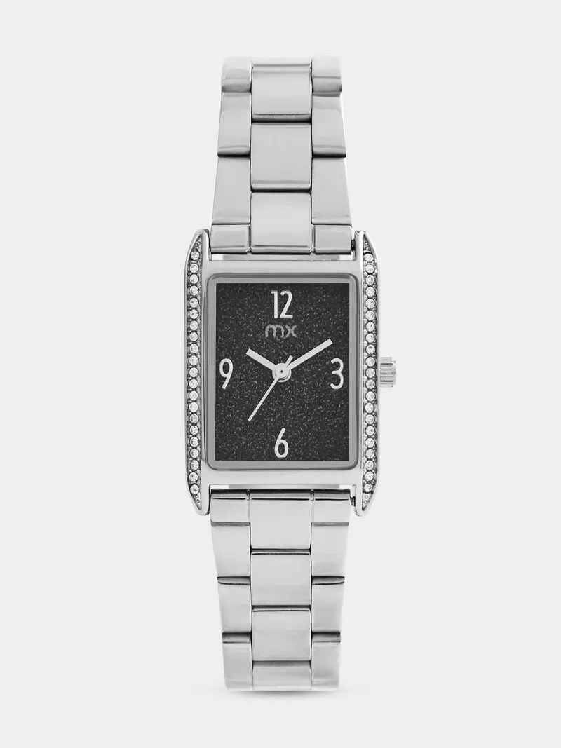 MX Silver Plated Rectangular Black Dial Bracelet Watch