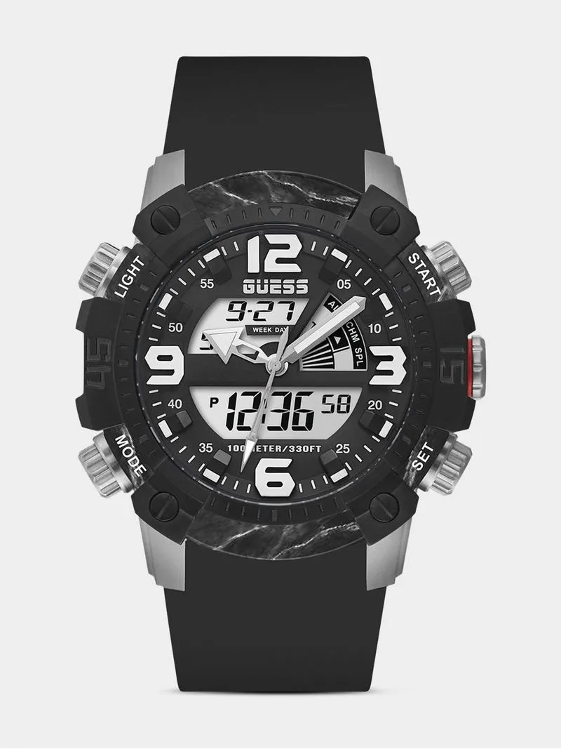 Guess Men’s Slate Silver & Black Plated Stainless Steel Anadigi Silicone Watch