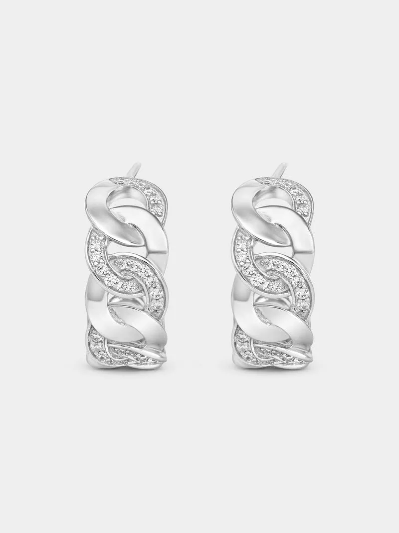 Cheté Sterling Silver Cubic Zirconia Chain Link Half Hoop Earrings