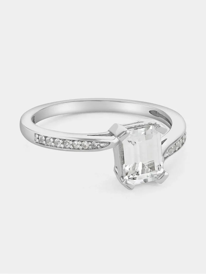 Sterling Silver Diamond & Created Sapphire Rectangle Swirl Ring
