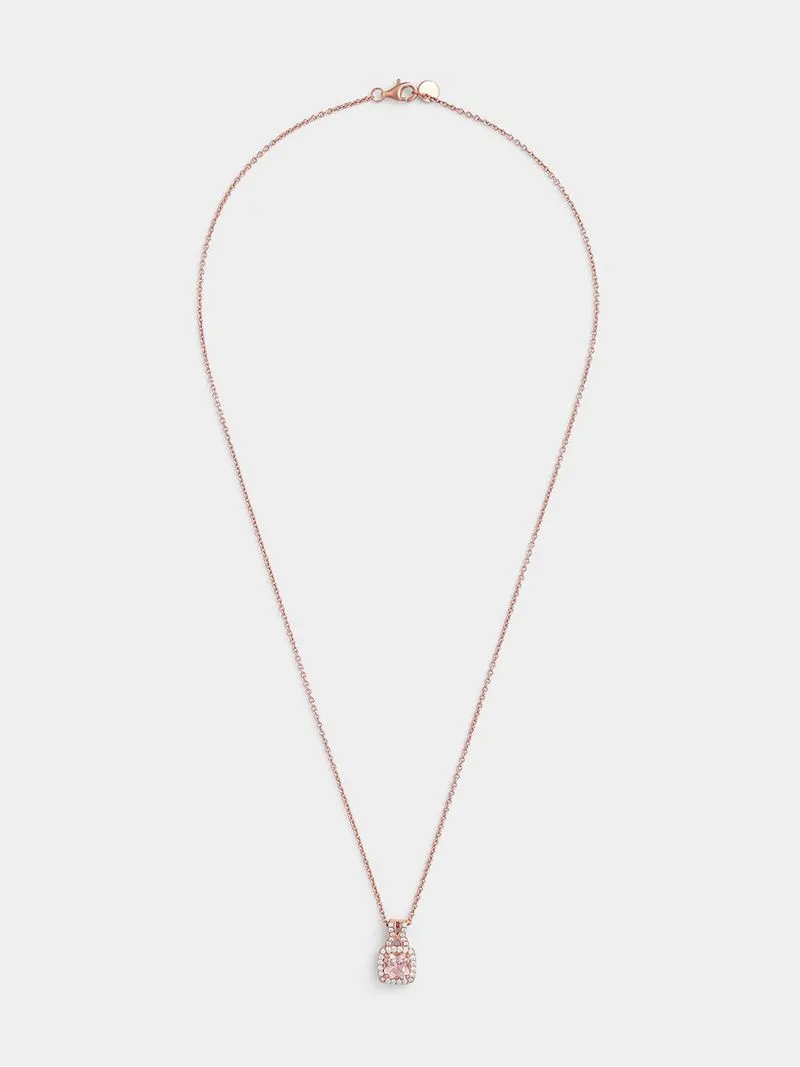 Rose Plated Sterling Silver Morganite Peach Cubic Zirconia Cushion Pendant