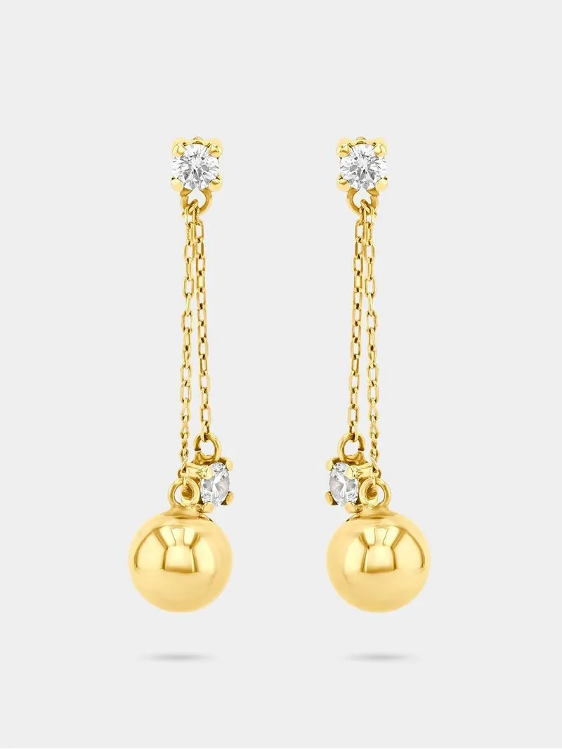 Yellow Gold Women’s Cubic Zirconia and Ball design Drop Earrings