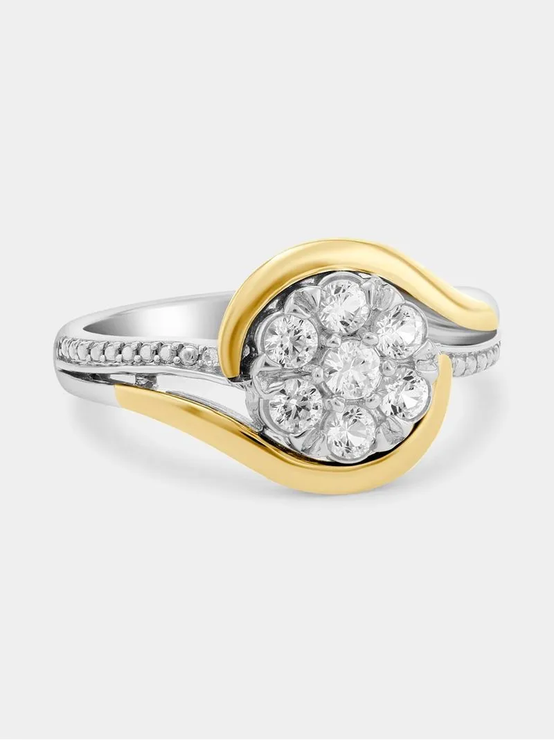 Yellow Gold & Sterling Silver Created Sapphire Round Cluster Ring