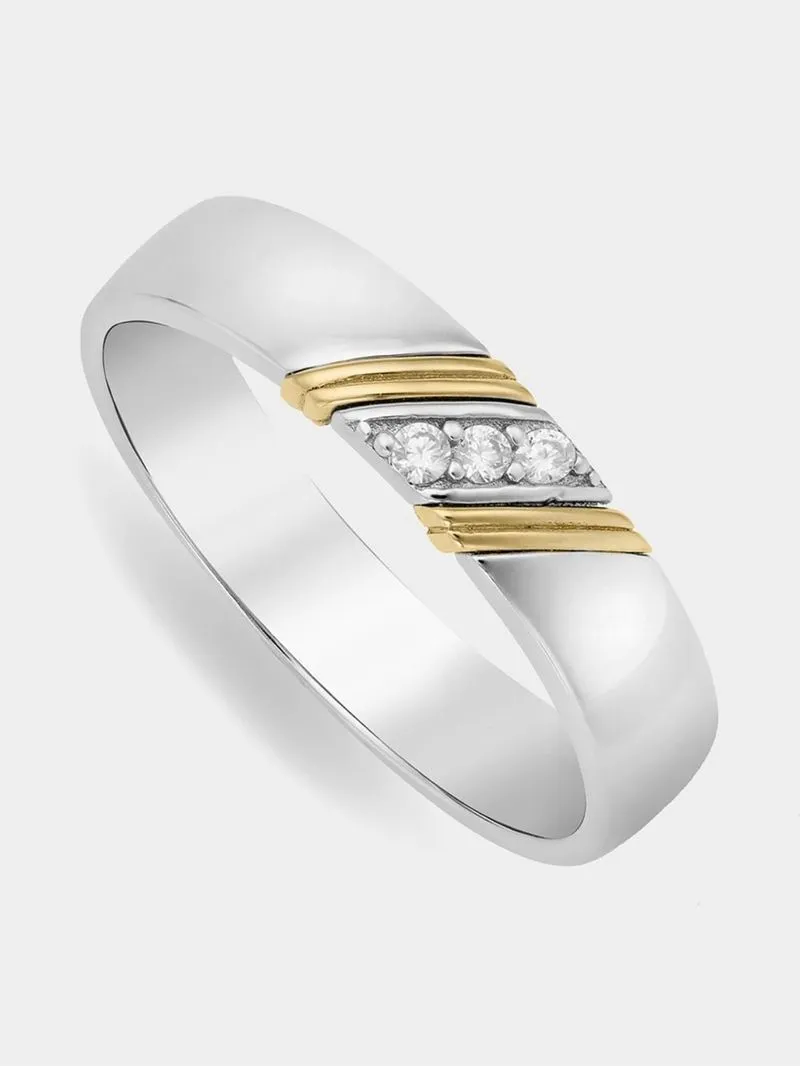 Yelow Gold and Silver Double Men's Diagonal stripe Cubic Zirconia ring