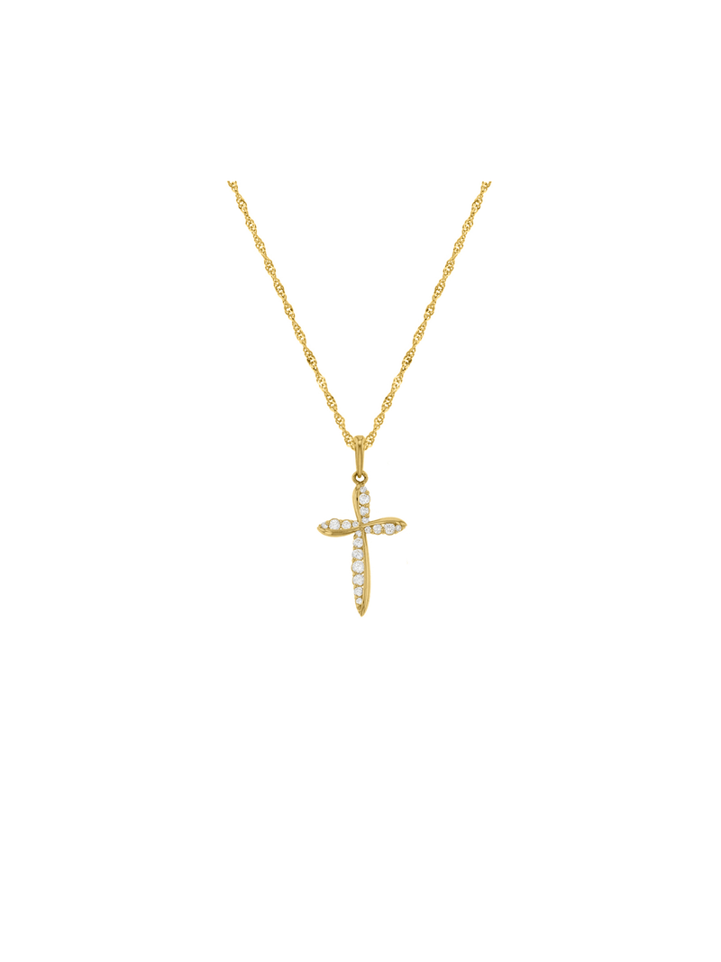 Yellow Gold Swirl Cubic Zirconia Cross on a Chain