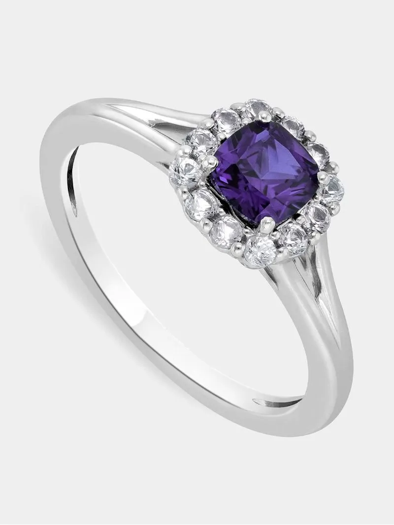 Sterling Silver Diamond & Amethyst Cushion Halo Ring