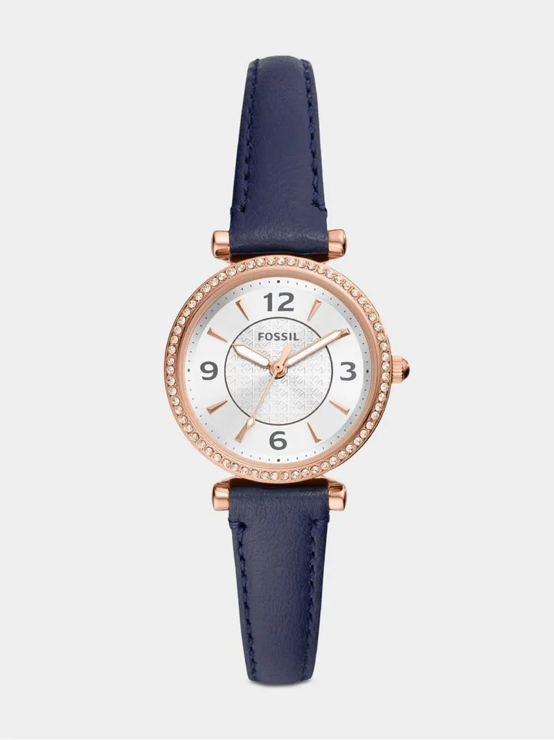 Fossil Carlie Rose Plated Stainless Steel Navy Leather Watch