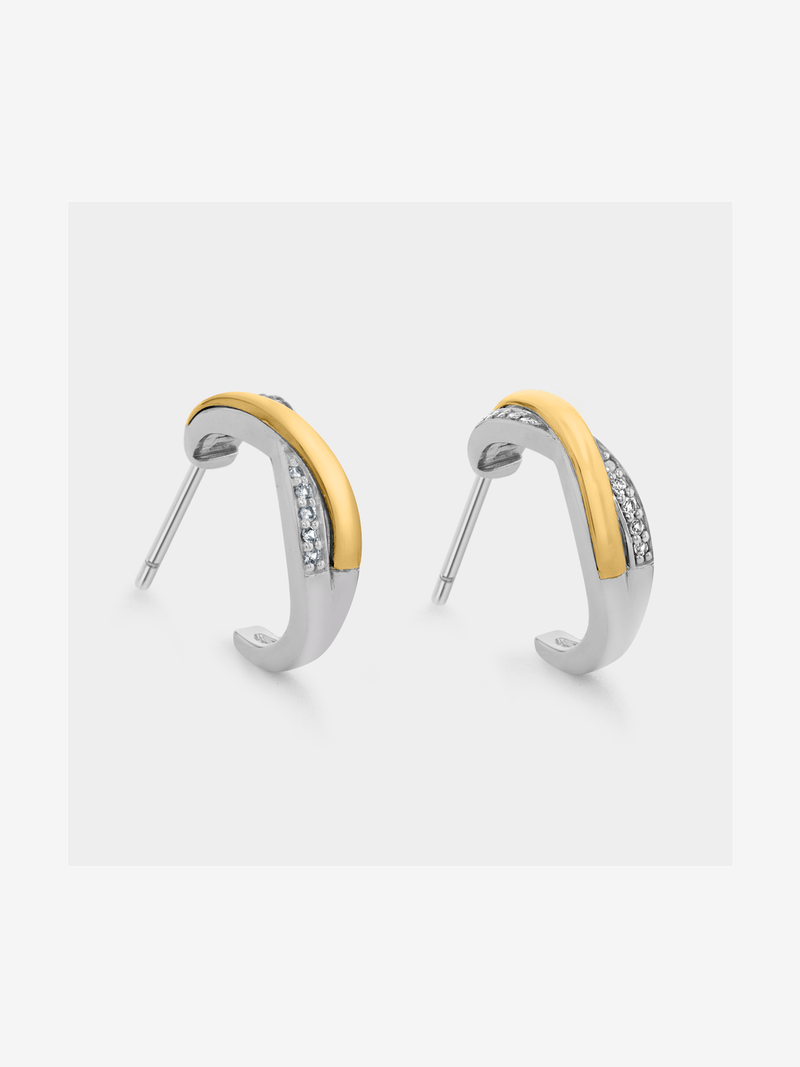 Yellow Gold & Sterling Silver Diamond & Created White Sapphire Crossover Hoop Earrings